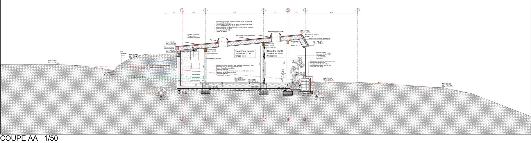 Section AA of the 2019 BENG design showing the earth berm, interior spaces, roof and greenhouse.