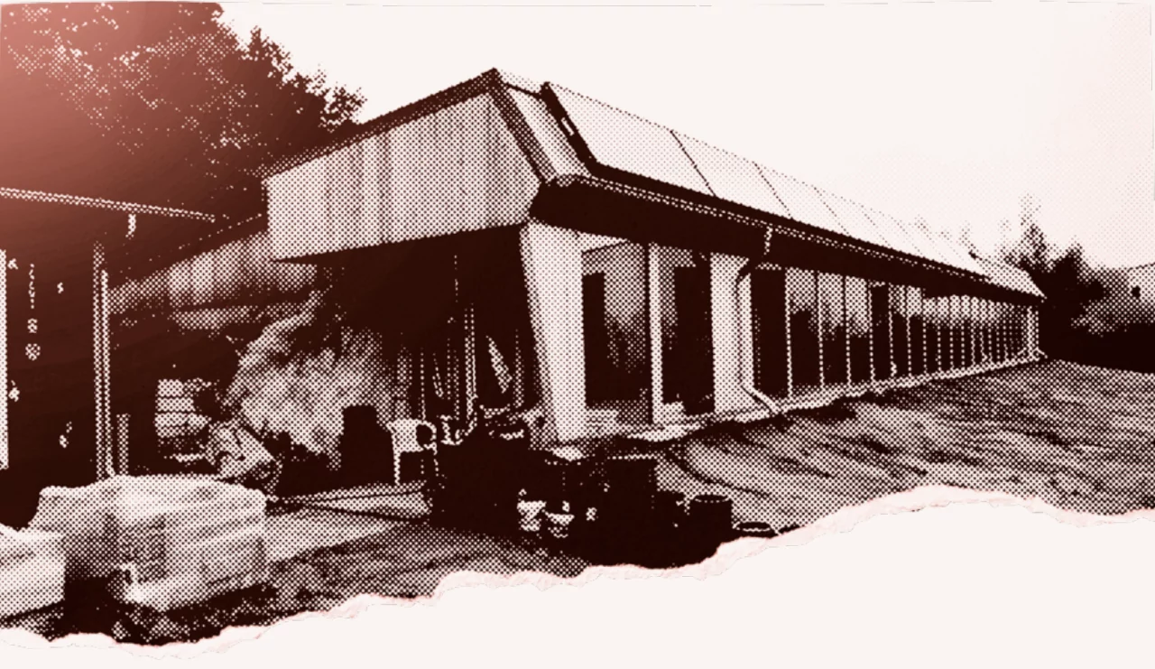 Le bâtiment Äerdschëff, en collage photographique rose.