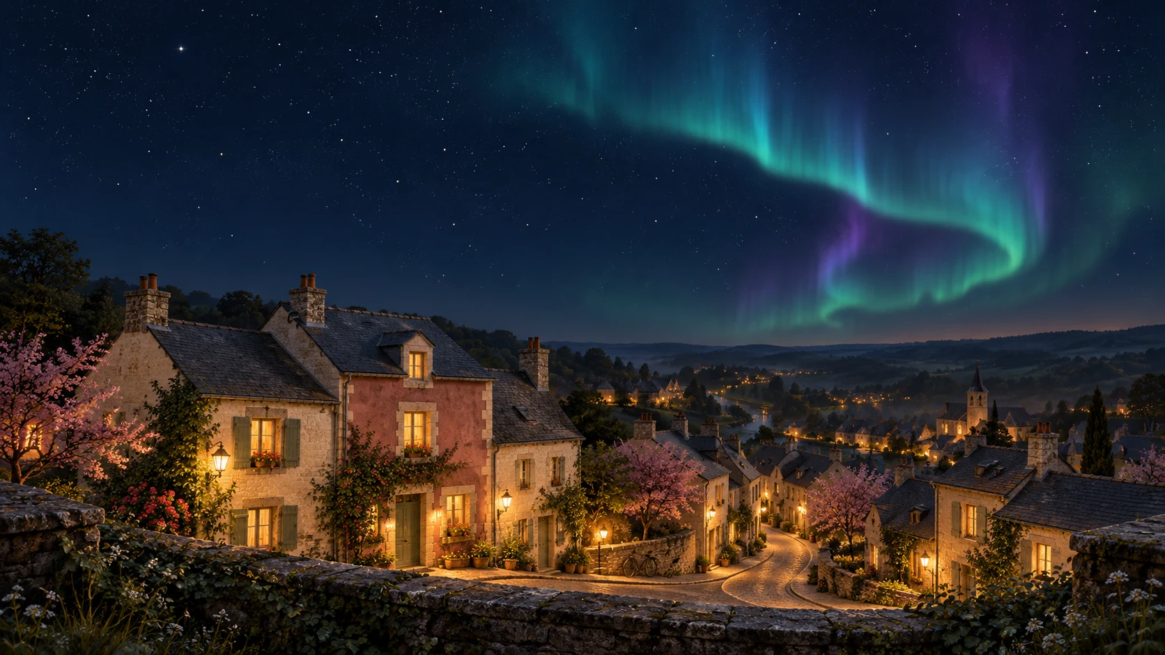 Imaginary night landscape under the northern lights