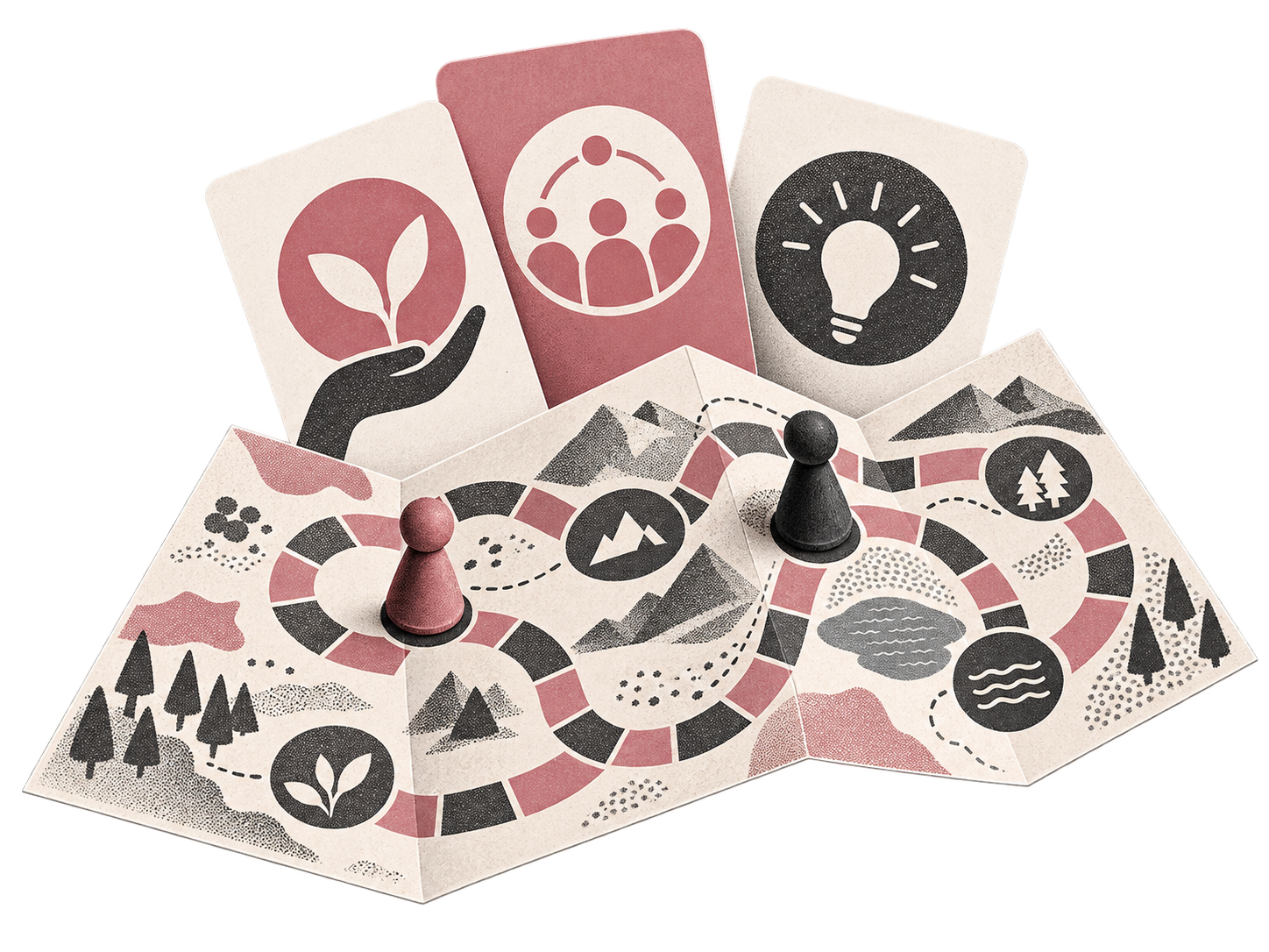Un plateau de jeu en papier, des cartes de rôles et des pions.