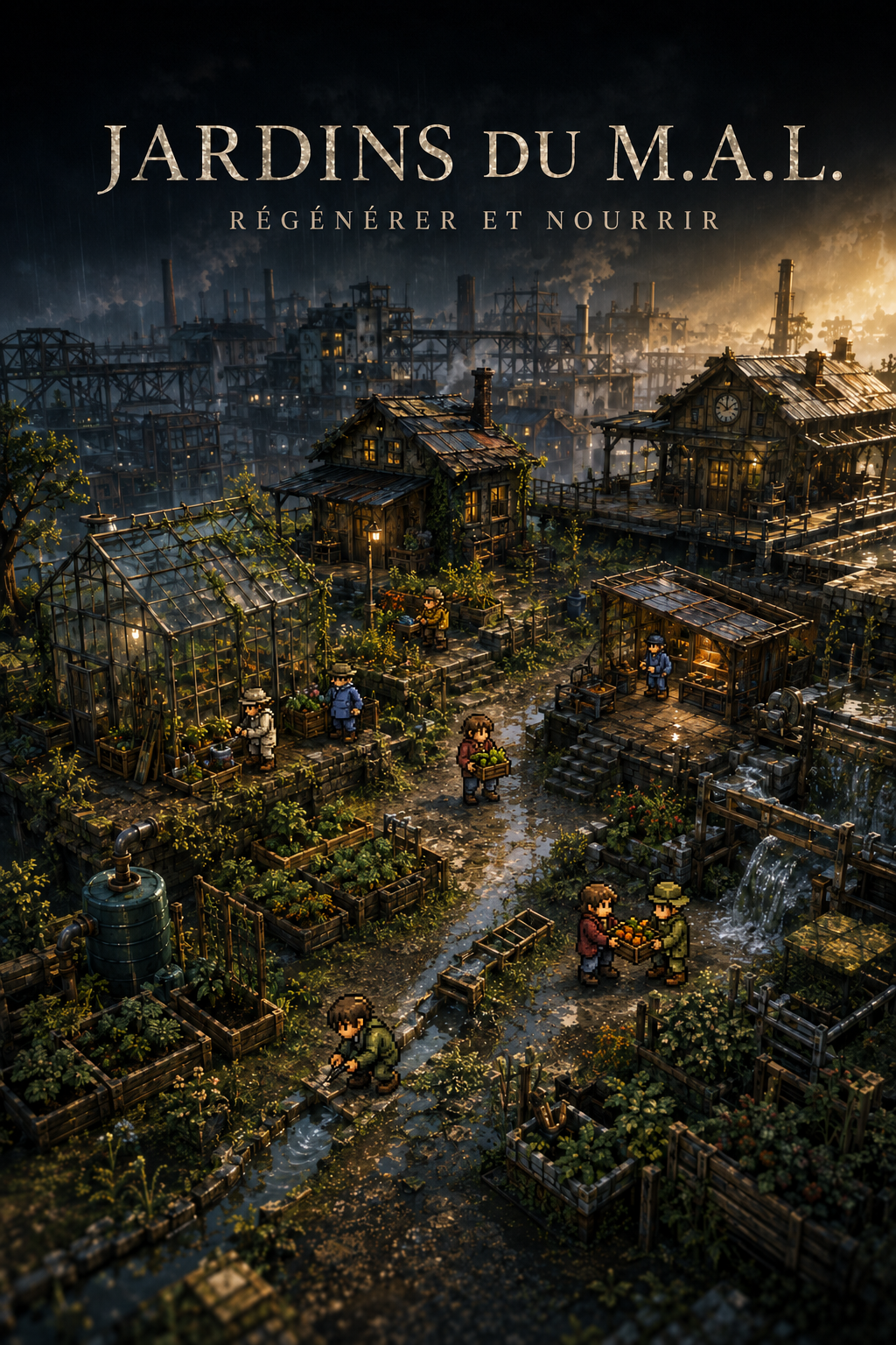 Les Jardins du M.A.L représentés comme une simulation permaculturelle HD-2D.