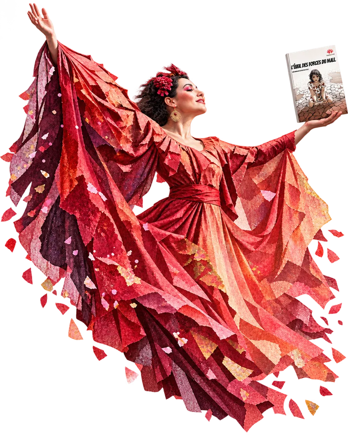 Personnage théâtral en tissu rouge présentant la couverture de L’Éveil des forces du M.A.L.